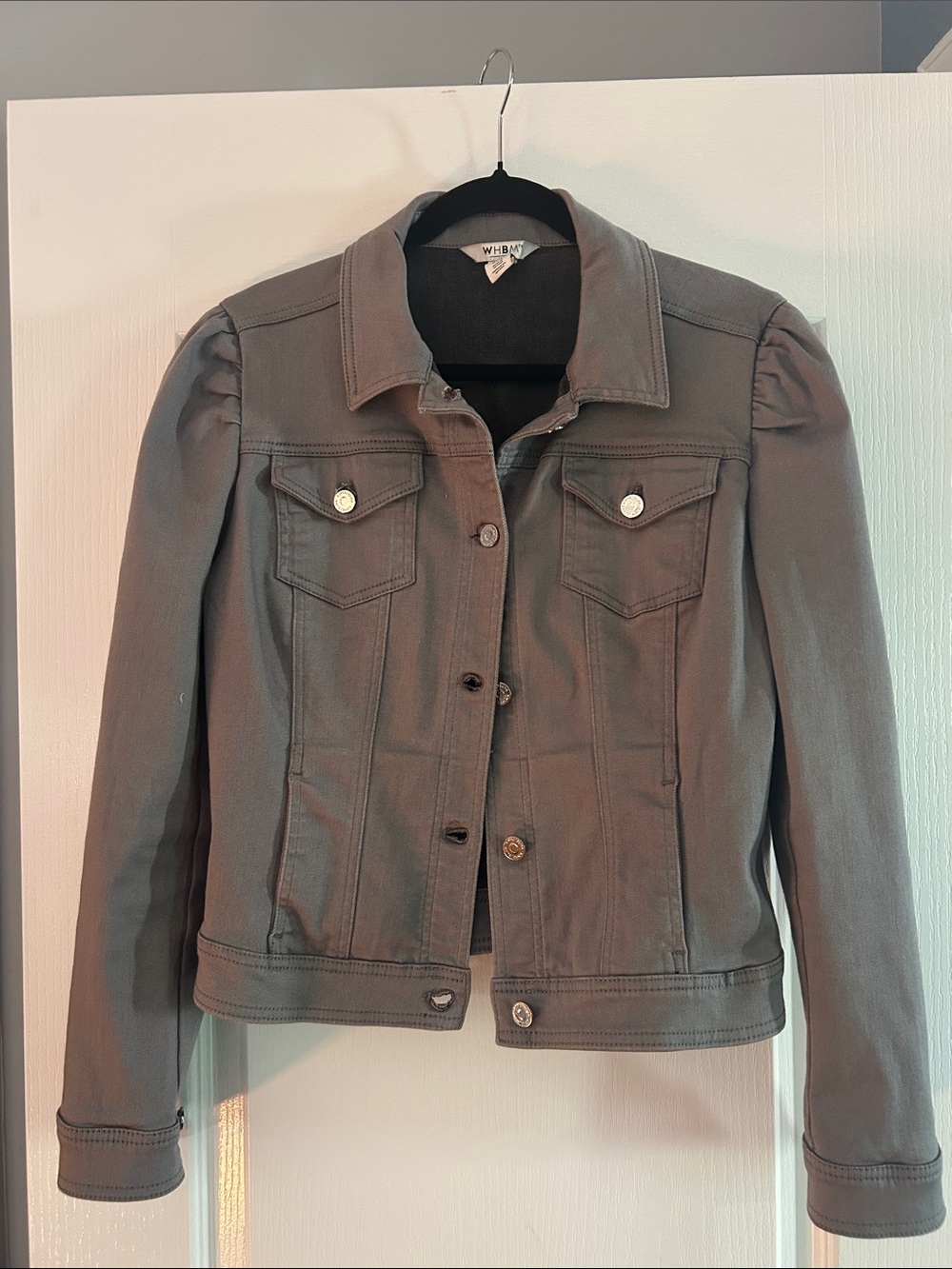 White House Black Market Gray Denim Jacket with Puff Shoulders